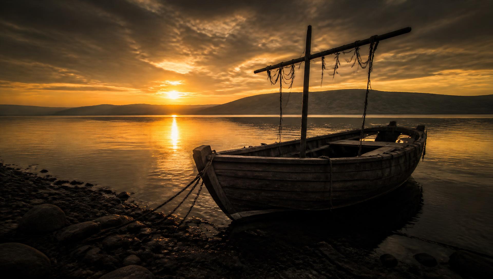 A wooden fishing boat on the Sea of Galilee at sunrise